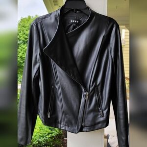 DKNY Black Leather Mixed Media Jacket Asymmetrical Zipper S EUC